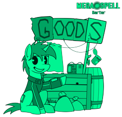 Size: 5100x4900 | Tagged: safe, artist:dacaoo, oc, oc only, oc:littlepip, pony, unicorn, fallout equestria, megaspell (game), absurd resolution, barrel, clothes, gears, jumpsuit, monochrome, pip-pony, pipbuck, radio, shop, simple background, tin can, transparent background, vault suit, wrench