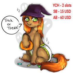 Size: 2048x2048 | Tagged: safe, artist:vaiola, oc, oc only, ghost, pony, undead, advertisement, auction, big eyes, candy, chest fluff, clothes, commission, costume, cute, diaper, diaper fetish, fetish, food, full body, halloween, halloween costume, happy, hat, high res, holiday, jack-o-lantern, long mane, looking at you, non-baby in diaper, poofy diaper, pumpkin, selling, simple background, solo, sparkles, speech bubble, text, tongue out, trick or treat, white background, witch hat, ych example, your character here