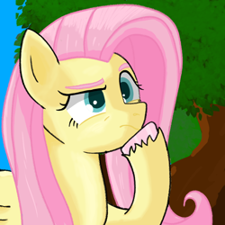 Size: 1214x1214 | Tagged: safe, artist:bigmike, fluttershy, pegasus, pony, g4, colored eyebrows, colored hooves, confused, eyebrows, female, frown, hoof on chin, mare, outdoors, pink eyebrows, pink hair, pink mane, raised eyebrow, solo, teal eyes, unshorn fetlocks, yellow body, yellow coat, yellow fur, yellow pony