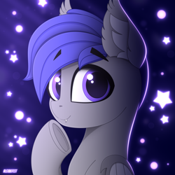 Size: 3000x3000 | Tagged: safe, artist:alexbefest, oc, oc only, bat pony, pony, bat pony oc, bat wings, bust, ear fluff, eyebrows, eyebrows visible through hair, fangs, high res, looking at you, purple eyes, raised hoof, signature, smiling, smiling at you, solo, stars, underhoof, wings