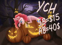 Size: 1920x1388 | Tagged: safe, artist:fess, pinkie pie, earth pony, pony, g4, commission, ear fluff, female, forest, forest background, halloween, holiday, jack-o-lantern, knife, mare, night, nightmare night, pumpkin, selling, ych example, your character here