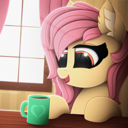 Size: 3000x3000 | Tagged: safe, artist:alexbefest, oc, oc only, earth pony, pegasus, pony, commission, crepuscular rays, ear fluff, female, high res, indoors, looking at something, mare, mug, not fluttershy, open mouth, open smile, signature, smiling, solo, window, ych result