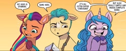 Size: 703x291 | Tagged: safe, official comic, hitch trailblazer, izzy moonbow, sunny starscout, earth pony, pony, unicorn, g5, idw, spoiler:comic, spoiler:g5comic, spoiler:g5comic17, dialogue, female, male, mane stripe sunny, mare, notepad, reaction image, stallion, varying degrees of want