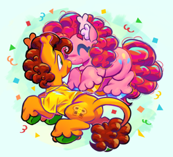 Size: 1680x1527 | Tagged: safe, artist:lemoocado, cheese sandwich, pinkie pie, earth pony, pony, g4, butt, confetti, duo, eyes closed, female, happy, leonine tail, male, mare, plot, ship:cheesepie, shipping, smiling, stallion, straight, tail, unshorn fetlocks