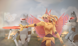 Size: 3198x1892 | Tagged: safe, artist:elektra-gertly, oc, oc:sindy silence, pegasus, undead, vampire, anthro, armor, female, sword, war, weapon, wings