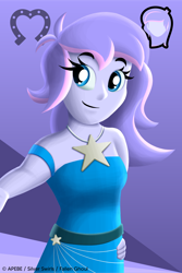 Size: 2250x3376 | Tagged: safe, artist:apebe, oc, oc only, oc:silver swirls, human, equestria girls, g4, abstract background, closed mouth, clothes, dress, female, gradient background, high res, icon, poster, solo, symbol, watermark
