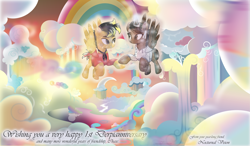 Size: 8745x5102 | Tagged: safe, artist:php178, derpibooru exclusive, oc, oc only, oc:14fan, oc:nocturnal vision, alicorn, crystal pony, pegasus, pony, g4, my little pony: rainbow roadtrip, .svg available, absurd resolution, adult blank flank, alicorn oc, alternate hairstyle, alternate tailstyle, anniversary art, best friends, best wishes, black hair, black mane, blank flank, brown eyes, brown hair, brown mane, brown tail, clothes, cloud, cloudsdale, cloudy, colored wings, column, complex background, crystallized, derpiversary, digital art, duo, duo male and female, eyebrows, female, gift art, glowing, glowing horn, gradient hair, gradient horn, gradient mane, gradient tail, gradient wings, happy, highlights, holding hooves, holly, hood, hoodie, hoof heart, horizon, horn, inkscape, lens flare, lidded eyes, liquid rainbow, looking at each other, looking at someone, magic, magic aura, male, male and female, mare, mismatched mane, mismatched tail, mist, movie accurate, music notes, nc-tv signature, necktie, nocturnal vision's striped hoodie, pegasus oc, polo shirt, rainbow, rainbow clouds, rainbow waterfall, raised eyebrow, red hair, red tail, river, scene, scenery, scenery porn, shading, shine, shine like rainbows, shiny, signature, sky, smiling, smiling at each other, sparkles, spread wings, stallion, striped hoodie, sunlight, svg, tail, telekinesis, text, two toned hair, two toned mane, two toned tail, underhoof, upside-down hoof heart, vector, vivaldi (font), wall of tags, water, website, white hair, white tail, wings, yellow hair, yellow mane