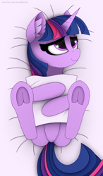 Size: 1750x3000 | Tagged: safe, artist:alexbefest, twilight sparkle, alicorn, pony, g4, adorkable, art, body pillow, body pillow design, cute, dakimakura cover, dork, ear fluff, featureless crotch, female, frog (hoof), high res, horn, lying down, mare, on back, signature, smiling, solo, twiabetes, twilight sparkle (alicorn), underhoof