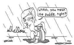 Size: 1300x800 | Tagged: safe, artist:ebbysharp, pipp petals, pegasus, pony, g5, diadem, dialogue, female, headband, implied insult, inktober, inktober 2023, jewelry, looking at you, mare, monochrome, open mouth, pipp petals is not amused, puddle, rain, raised hoof, regalia, shallow, solo, talking to viewer, unamused, wet, wet mane