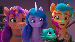 Size: 1440x810 | Tagged: safe, screencap, hitch trailblazer, izzy moonbow, sparky sparkeroni, sunny starscout, dragon, earth pony, pony, unicorn, g5, have you seen this dragon?, my little pony: make your mark, my little pony: make your mark chapter 2, spoiler:g5, spoiler:my little pony: make your mark, spoiler:my little pony: make your mark chapter 2, spoiler:mymc02e08, female, male, mane stripe sunny, mare, stallion
