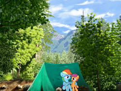 Size: 4000x3000 | Tagged: safe, artist:widelake, rainbow dash, scootaloo, pegasus, pony, g4, camping, duo, female, forest, hug, log, scenery, scootalove, siblings, sisters, sitting, tent, tree, winghug, wings