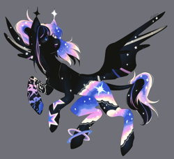 Size: 2698x2476 | Tagged: safe, artist:ruru_01, oc, oc only, pegasus, pony, commission, ethereal mane, flying, full body, gray background, high res, looking up, simple background, smiling, solo, spread wings, starry mane, starry tail, stars, tail, wings