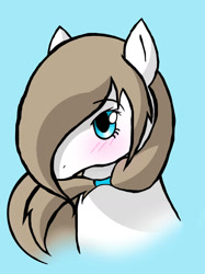 Size: 1280x1714 | Tagged: safe, artist:mayiamaru, oc, oc only, oc:mayia, pony, ask mayia, blue background, blushing, bust, cyan background, female, mare, portrait, simple background, solo