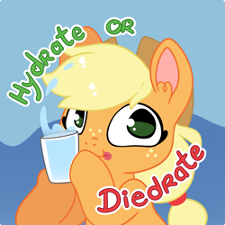 Size: 3319x3319 | Tagged: safe, artist:cutepencilcase, part of a set, applejack, earth pony, pony, g4, bust, glass of water, high res, hoof hold, portrait, pun, smiling, solo, tongue out, water, wordplay