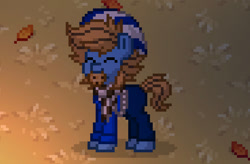 Size: 920x604 | Tagged: safe, oc, oc only, oc:blue cookie, earth pony, pony, pony town, autumn, clothes, cookie, earth pony oc, eyes closed, food, hat, leaves, scarf, sweater