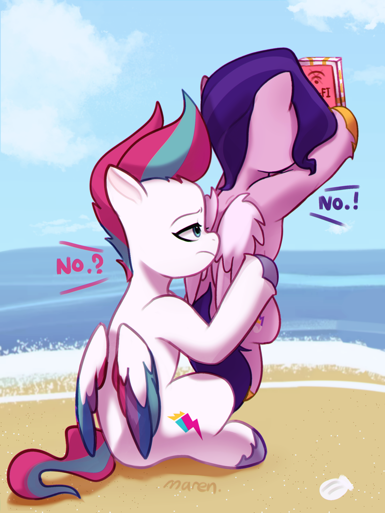 [artist:maren,beach,duo,female,g5,high res,holding,mare,no,ocean,outdoors,pegasus,phone,pony,safe,siblings,signature,sisters,sitting,unshorn fetlocks,water,wings,multicolored wings,colored wings,holding a pony,smol,marelet,zipp storm,pipp petals,that pony sure does love phones,pipp is short,royal sisters (g5),pipp is smol]