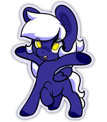 Size: 2551x2899 | Tagged: safe, artist:wifflethecatboi, oc, oc only, oc:moonie hearts, pegasus, pony, taur, big ears, blue coat, chibi, colored hooves, equitaur, female, filly, foal, folded wings, happy, high res, long mane, long tail, looking up, missing cutie mark, simple background, solo, sticker, tail, white background, white mane, white tail, wings, yellow eyes