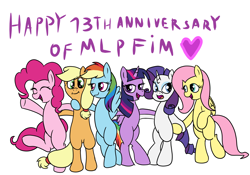 Size: 2000x1400 | Tagged: safe, artist:amateur-draw, applejack, fluttershy, pinkie pie, rainbow dash, rarity, twilight sparkle, alicorn, earth pony, pegasus, pony, unicorn, mlp fim's thirteenth anniversary, g4, bipedal, bipedal leaning, leaning, mane six, simple background, twilight sparkle (alicorn), white background