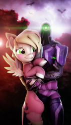 Size: 2160x3840 | Tagged: safe, alternate version, artist:lagmanor, oc, oc:blazey sketch, pegasus, pony, robot, 3d, clothes, confused, fog, geth, high res, holding a pony, lens flare, looking at someone, looking at you, looking up, mass effect, revamped ponies, small wings, smiling, socks, source filmmaker, striped socks, sunlight, sunset, sweater, tree, wings