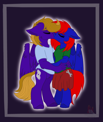 Size: 2393x2833 | Tagged: safe, artist:taxidermieddemon, oc, oc only, oc:shrapnel, oc:wing front, pegasus, anthro, unguligrade anthro, blue fur, brown mane, brown tail, clothes, cute, female, high res, hug, hurricane, kissing, male, married couple, pegasus oc, purple fur, red mane, red tail, romantic, shirt, skirt, straight, tail, wrench