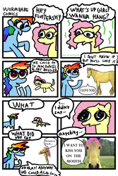 Size: 1036x1549 | Tagged: safe, artist:wormbabecomics, fluttershy, rainbow dash, horse, pegasus, pony, g4, comic, dialogue, duo, female, hoers, lesbian, ship:flutterdash, shipping, speech bubble, stink lines, stylistic suck, suddenly hoers, toy