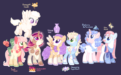 Size: 2849x1753 | Tagged: safe, artist:katsubases, artist:r0manesqu3, oc, oc only, oc:andromeda's crown, oc:blueberry buttercream, oc:honeygold clouds, oc:peach rose, oc:polished vase, oc:shimmering sonicbloom, oc:star struck, alicorn, earth pony, pegasus, pony, unicorn, alicorn oc, ascot, bald face, base used, blaze (coat marking), blue background, bow, clothes, coat markings, curly mane, cutie mark, earth pony oc, ethereal mane, facial markings, female, flying, hair bow, hoof on chest, horn, jewelry, leaves, leaves in hair, magical lesbian spawn, mare, name, necklace, offspring, outline, pale belly, parent:applejack, parent:big macintosh, parent:fancypants, parent:flash sentry, parent:fluttershy, parent:moondancer, parent:pinkie pie, parent:rainbow dash, parent:rarity, parent:twilight sparkle, parents:appledash, parents:fluttermac, parents:pinkiepants, parents:sentrity, parents:twidancer, pegasus oc, simple background, smiling, socks (coat markings), spread wings, star (coat marking), starry mane, sweater, tail, tail bow, unicorn oc, unshorn fetlocks, white outline, wings