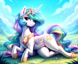 Size: 2320x1920 | Tagged: safe, ai assisted, ai content, artist:dovakkins, derpibooru exclusive, generator:easyfluff v11.2, princess celestia, alicorn, pony, g4, anatomically incorrect, beautiful, belly, belly button, blushing, chest fluff, female, fluffy, horn, incorrect leg anatomy, jewelry, long mane, lying down, mare, peytral, regalia, sky, smiling, solo, sternocleidomastoid, wavy mane, wings