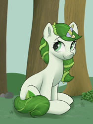 Size: 3000x4000 | Tagged: safe, artist:dumbwoofer, leaf pony, pony, unicorn, g5, cute, ear fluff, female, flower, flower in hair, forest, forest background, grass, leafbetes, looking at you, mare, rare mare, sitting, smiling, smiling at you, solo, tree