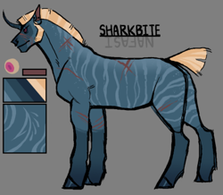 Size: 610x531 | Tagged: safe, artist:scruph, oc, oc only, oc:sharkbite, hybrid, pony, unicorn, zebra, zony, fallout equestria, blue coat, body scar, brown mane, brown tail, facial scar, muttonchops, pink eyes, reference sheet, scar, solo, tail