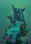 Size: 3180x4444 | Tagged: safe, artist:mammalian_alien, queen chrysalis, changeling, changeling queen, anthro, unguligrade anthro, g4, chrysalis' throne, clothes, dress, eyeshadow, female, hoof polish, lidded eyes, lipstick, makeup, messy mane, off shoulder, sitting, solo, throne