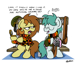 Size: 1656x1374 | Tagged: safe, artist:bobthedalek, oc, oc only, oc:bubble pump, oc:clippy ticket, earth pony, pegasus, pony, bag, bench, clothes, ear piercing, earring, jacket, jewelry, lipstick, mirror, piercing, simple background, sitting, sweater, ugly public transport seating pattern, unamused, white background