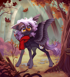 Size: 2212x2436 | Tagged: safe, artist:ohhoneybee, oc, oc only, oc:cloudy night, pegasus, pony, clothes, falling leaves, female, forest, high res, leaf, leaves, mare, scarf, solo