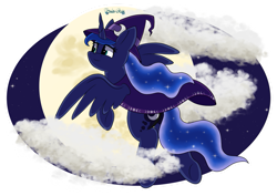 Size: 1063x752 | Tagged: safe, artist:tenderrain-art, princess luna, pony, g4, cape, clothes, cloud, flying, hat, moon, simple background, solo, stars, transparent background, witch hat