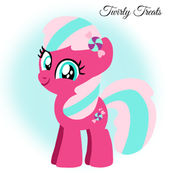 Size: 1400x1400 | Tagged: safe, artist:mlplary6, twirly treats, earth pony, pony, g4, closed mouth, female, filly, foal, gradient background, looking at you, recolor, smiling, smiling at you, solo, standing, text, toy interpretation