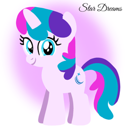 Size: 1400x1400 | Tagged: safe, artist:mlplary6, star dreams, pony, unicorn, g4, closed mouth, cyan eyes, female, filly, foal, gradient background, looking at you, smiling, smiling at you, solo, standing, text, toy interpretation