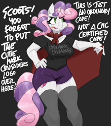 Size: 2500x2857 | Tagged: safe, artist:flutterthrash, sweetie belle, unicorn, anthro, g4, black background, breasts, busty sweetie belle, cape, clothes, dialogue, female, high res, implied scootaloo, mare, older, older sweetie belle, shirt, shorts, simple background, solo, stockings, thigh highs