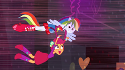 Size: 1000x563 | Tagged: safe, screencap, rainbow dash, scootaloo, human, equestria girls, g4, my little pony equestria girls, duo, duo female, fall formal outfits, female, flying, grin, open mouth, open smile, ponied up, pony ears, smiling, wings