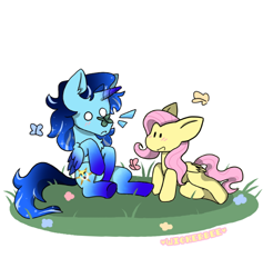 Size: 622x656 | Tagged: source needed, safe, artist:box, fluttershy, oc, oc:blue thunder, alicorn, butterfly, pegasus, pony, g4, alicorn oc, blushing, butterfly on nose, duo, emanata, female, garden, horn, insect on nose, male, mare, simple background, stallion, surprised, white background, wings