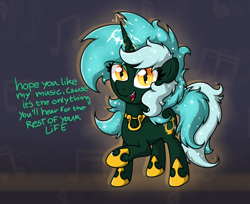 Size: 3136x2553 | Tagged: safe, artist:background basset, lyra heartstrings, pony, unicorn, g4, abstract background, corrupted, dialogue, fangs, high res, hoof shoes, jewelry, l.u.l.s., necklace, nightmare lyra, nightmarified, open mouth, slit pupils, smiling, solo, text