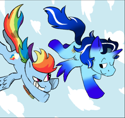 Size: 832x790 | Tagged: source needed, safe, artist:box, rainbow dash, oc, oc:blue thunder, alicorn, pegasus, pony, g4, alicorn oc, duo, female, flying, grin, horn, male, mare, one eye closed, racing, sky, smiling, stallion, wings