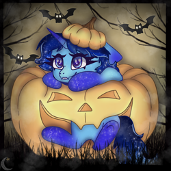 Size: 2000x2000 | Tagged: source needed, safe, artist:misspiggyf381, oc, oc:blue thunder, bat, pony, commission, halloween, high res, holiday, jack-o-lantern, male, night, nightmare night, pumpkin, solo, stallion, watermark, ych result