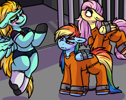 Size: 2500x2000 | Tagged: safe, artist:sexygoatgod, fluttershy, lightning dust, rainbow dash, pegasus, pony, g4, bound wings, clothes, cuffs, female, high res, imprisoned, jumpsuit, officer ld, police officer, police uniform, prison, prison outfit, prisoner, prisoner fs, prisoner rd, shirt, skimpy outfit, undershirt, wings