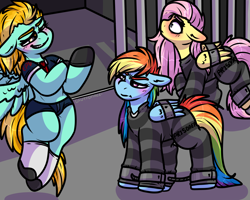 Size: 2500x2000 | Tagged: safe, alternate version, artist:sexygoatgod, fluttershy, lightning dust, rainbow dash, pegasus, pony, g4, blushing, bound wings, clothes, cuffs, female, high res, imprisoned, jumpsuit, police officer, police uniform, prison, prison outfit, prison stripes, prisoner, prisoner fs, prisoner rd, shirt, skimpy outfit, undershirt, wings