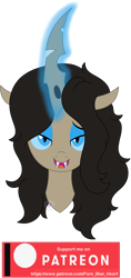Size: 1394x2941 | Tagged: safe, artist:pure-blue-heart, oc, oc only, changeling, changeling queen, blue eyes, brown mane, changeling oc, changeling queen oc, eyeshadow, fangs, magic, makeup, patreon, patreon logo, patreon reward, simple background, solo, transparent background