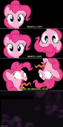 Size: 500x1000 | Tagged: safe, derpibooru exclusive, pinkie pie, g4, caption, disney, dumbo, pink elephants on parade, scared, solo, song reference, text, tongue out, upside down