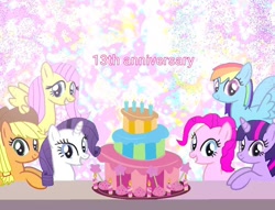 Size: 1018x776 | Tagged: safe, artist:alan-the-animeartist, applejack, fluttershy, pinkie pie, rainbow dash, rarity, twilight sparkle, alicorn, earth pony, pegasus, pony, unicorn, mlp fim's thirteenth anniversary, g4, birthday cake, cake, female, food, twilight sparkle (alicorn)