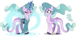 Size: 4000x2011 | Tagged: safe, artist:orin331, part of a set, mistmane, dragon, kirin, pony, unicorn, g4, alternate universe, clothes, cloven hooves, dragon tail, ethereal mane, eyebrows, eyes closed, female, glowing, glowing horn, horn, kimono (clothing), kirin-ified, long tail, magic, makeup, mare, missing horn, race swap, redesign, robes, scales, simple background, smiling, species swap, tail, transparent background, unshorn fetlocks, water