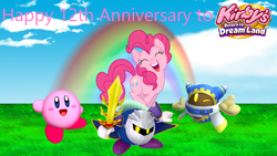 Size: 1920x1080 | Tagged: safe, artist:luckreza8, artist:magical-mama, artist:user15432, pinkie pie, earth pony, pony, g4, anniversary, blue sky, cloud, crossover, eyes closed, grass, happy anniversary, kirby, kirby (series), kirby pie, kirby's return to dream land, looking at you, magolor, meta knight, one eye closed, open mouth, open smile, rainbow, smiling, sword, weapon, wink, winking at you