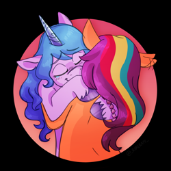 Size: 1120x1120 | Tagged: safe, artist:_rarerayy_, izzy moonbow, sunny starscout, earth pony, pony, unicorn, g5, idw, spoiler:comic, spoiler:g5comic10, bracelet, cute, duo, ear flick, eyes closed, female, friendship bracelet, hug, izzybetes, jewelry, mane stripe sunny, mare, redraw, shipping fuel, sunnybetes, wholesome