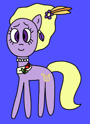 Size: 932x1280 | Tagged: safe, artist:the-rainbow-nigga420, lyrica lilac, earth pony, pony, g4, 1000 hours in ms paint, background pony, clothes, cute, ear piercing, earring, female, flower, jewelry, lyricadorable, mare, ms paint, necklace, paint.net, piercing, purple background, rose, scarf, shy, shy smile, simple background, smiling, solo